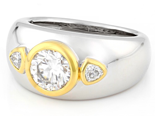 MOISSANITE FIRE® 1.38CTW DEW ROUND AND TRILLION PLATINEVE® AND 14K YELLOW GOLD OVER SILVER RING - Size 7