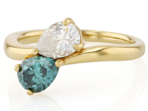 MOISSANITE FIRE® AND GREEN MOISSANITE 1.56CTW DEW PEAR SHAPE 14K YELLOW GOLD OVER SILVER RING - Size 7