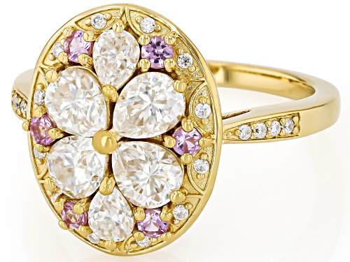 MOISSANITE FIRE® 1.72CTW DEW PEAR & ROUND WITH ROUND PINK SAPPHIRE 14K YELLOW GOLD OVER SILVER RING - Size 6
