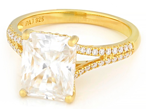 MOISSANITE FIRE® 4.50CTW DEW REC RADIANT AND ROUND 14K YELLOW GOLD OVER SILVER RING - Size 10
