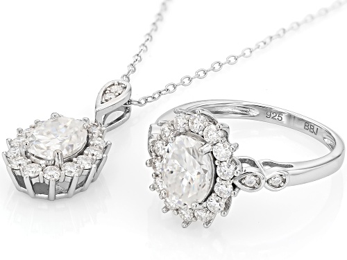 MOISSANITE FIRE® 3.91CTW DEW OVAL AND ROUND PLATINEVE® RING AND PENDANT WITH CHAIN