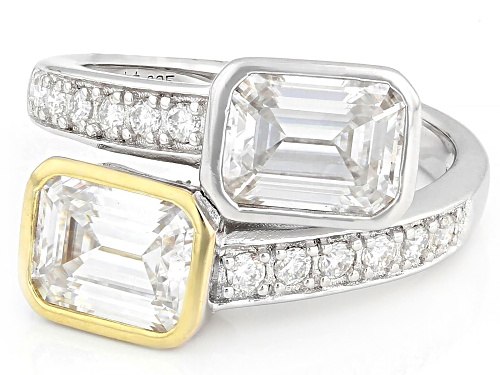 MOISSANITE FIRE® 3.74CTW DEW EMERALD CUT AND ROUND PLATINEVE® AND 14K YELLOW GOLD OVER  SILVER RING - Size 6