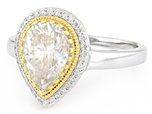MOISSANITE FIRE® 2.43CTW DEW PEAR SHAPE AND ROUND PLATINEVE® AND 14K YELLOW GOLD OVER  SILVER RING - Size 8