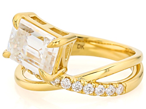 MOISSANITE FIRE® 2.84CTW DEW EMERALD CUT AND ROUND 14K YELLOW GOLD OVER SILVER RING - Size 10