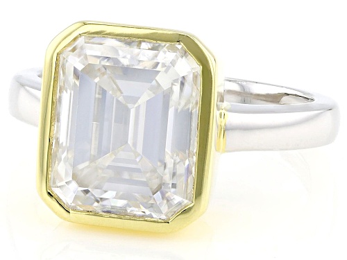 MOISSANITE FIRE® 4.93CT DEW EMERALD CUT PLATINEVE® AND 14K YELLOW GOLD OVER SILVER RING - Size 7