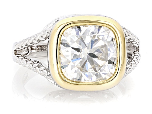MOISSANITE FIRE® 5.02CT DEW CUSHION PLATINEVE® AND 14K YELLOW GOLD OVER SILVER RING - Size 7
