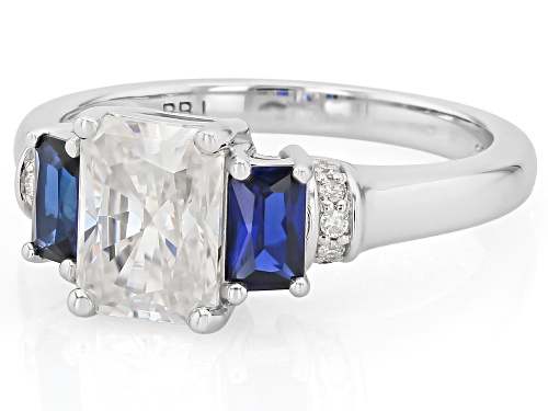 MOISSANITE FIRE® 1.90CTW DEW RADIANT CUT AND ROUND WITH LAB CREATED SAPPHIRE PLATINEVE® RING - Size 8