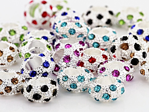 Multi Color Crystal Accent Large Hole Spacer Bead Kit in Silver Tone 28 Pieces Total
