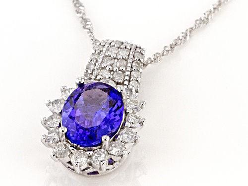 1.70ctw Oval Tanzanite With 0.58ctw White Diamond Rhodium Over 14k White Gold Pendant With Chain