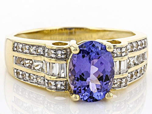 1.19ct Oval Tanzanite With 0.19ctw Round Sapphire And 0.07ctw Baguette Diamond 10K Yellow Gold Ring - Size 7