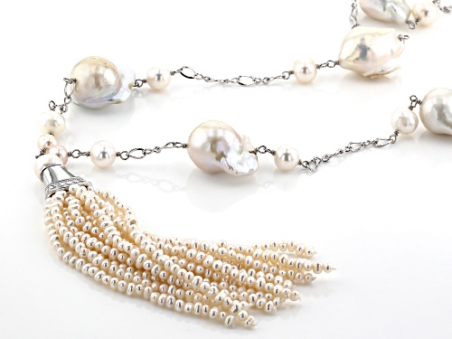 3-12mm White Cultured Freshwater Pearl Rhodium Over Sterling Silver 32 Inch Tassel Necklace - Size 32