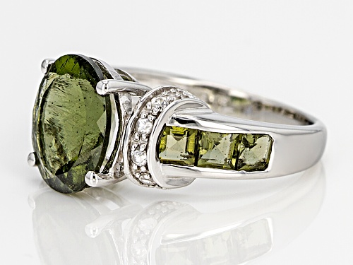 2.82ctw Oval And Square Moldavite With .11ctw Round White Zircon Rhodium Over Sterling Silver Ring - Size 6