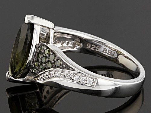 1.33ct Moldavite with .21ctw Green Diamond &  .11ctw White Zircon Rhodium Over Sterling Silver Ring - Size 10