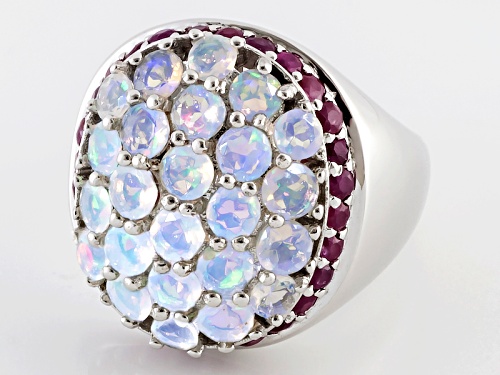 1.56ctw Round Ethiopian Opal With 1.09ctw Round Ruby Sterling Silver Ring - Size 5