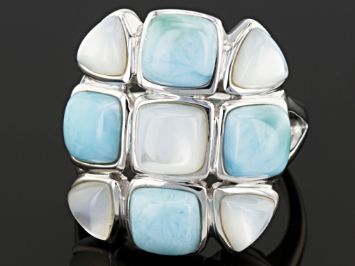 Square Cushion Larimar With Square Cushion And Trillion Mother Of Pearl Silver Ring - Size 6