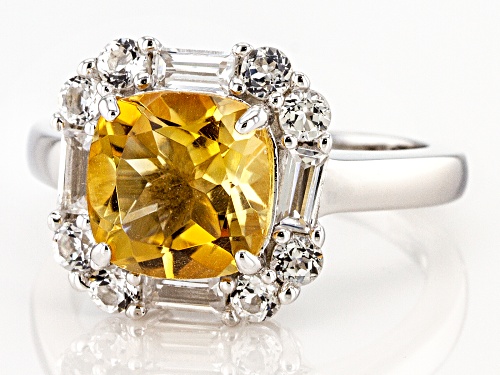 2.89ct Square Cushion Brazilian Citrine With .99ctw White Topaz Rhodium Over Silver Ring - Size 7