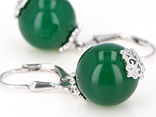 12mm Round Green Onyx Rhodium Over Sterling Silver Drop Earrings