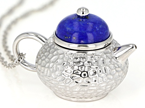 14mm Round Lapis Lazuli Rhodium Over Sterling Silver Teapot Locket Pendant with Chain