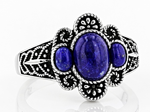 8x6mm & 4x3mm Oval Lapis Lazuli Rhodium Over Sterling Silver 3-Stone Ring - Size 9