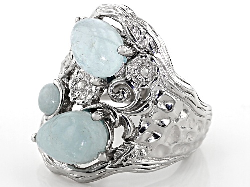 PEAR SHAPE AND ROUND CABOCHON BRAZILIAN AQUAMARINE RHODIUM OVER STERLING SILVER RING - Size 7