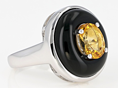 1.26ct Brazilian Citrine and 17x15.5mm Oval Black Onyx Rhodium Over Sterling Silver Ring - Size 7