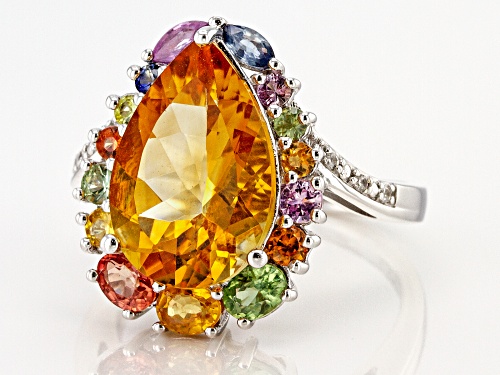 4.00ct citrine with 1.36ctw multi-sapphire and .03ctw white zircon rhodium over silver ring - Size 7
