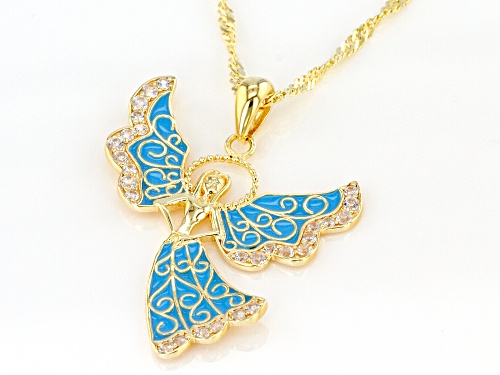 Light Blue Enamel with .41ctw Round White Zircon 18k Gold Over Sterling Silver Angel Pendant w/Chain
