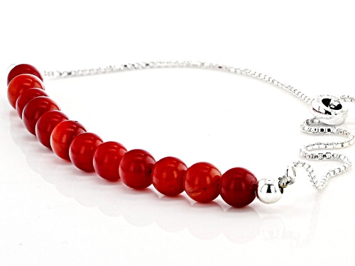 6mm Round Red Coral Rhodium Over Silver Bead Bolo Bracelet, Adjusts Approximately 6