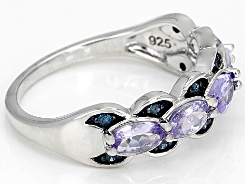 .93ctw Oval Tanzanite & .10ctw Round Blue Diamond Rhodium Over Silver Band Ring - Size 9