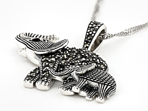 Round Marcasite & .04ct Vermelho Garnet(TM)  Silver Elephant Mother & Child Pendant With Chain
