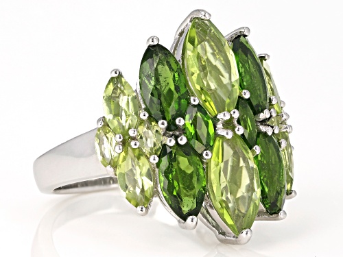 2.89CTW MARQUISE MANCHURIAN PERIDOT(TM) AND 2.09CTW CHROME DIOPSIDE RHODIUM OVER SILVER RING - Size 7