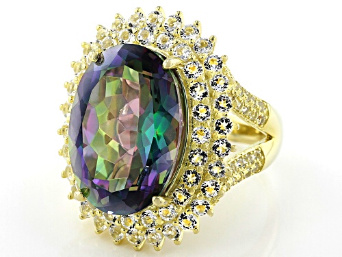 9.54ct oval rainbow quartz with 2.51ctw round white topaz 18k yellow gold over sterling silver ring - Size 7
