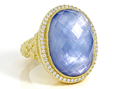 Judith Ripka Oval Lab Created Blue Quartz Doublet With 0.71ctw Bella Luce® 14k Gold Clad Aurora Ring - Size 8