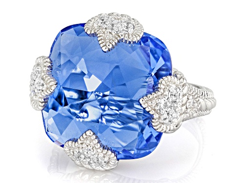 Judith Ripka 14.20ctw Lab Created Blue Quartz & Bella Luce® Rhodium Over Silver Fleur Epoch Ring - Size 10
