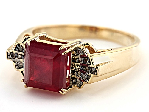 3.70ct Mahaleo Ruby(R) With 0.07ctw Round Champagne Diamond 10K Yellow Gold Ring - Size 8