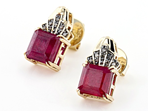 4.90ctw Mahaleo® Ruby And 0.06ctw Champagne Diamond Accent 10K Yellow Gold Stud Earrings