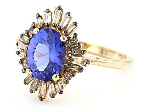 1.53ct Oval Tanzanite With 0.46ctw Champagne Diamond 14K Yellow Gold Ring - Size 8