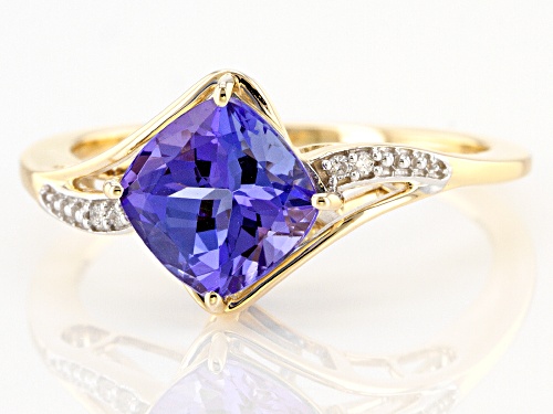 1.44ct Cushion Blue Tanzanite With 0.01ctw Round White Diamond 10K Yellow Gold Ring - Size 10
