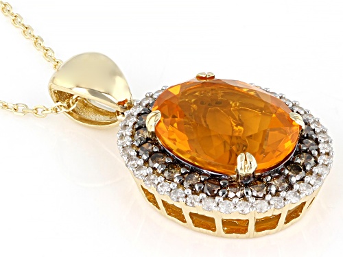 2.05ct Fire Opal With 0.14ctw White, 0.31ctw Champagne Diamond 14K Yellow Gold Pendant With Chain