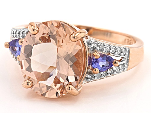 3.71ctw Oval Cor-De-Rosa Morganite™, Pear Shape Tanzanite & Round Diamond Accent 10k Rose Gold Ring - Size 7