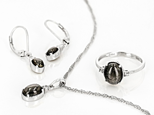 5.05ctw Silver Sheen Sapphire With .08ctw Lab White Sapphire Rhodium Over Silver Jewelry Set
