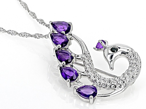 2.40ctw African Amethyst & Black Spinel Rhodium Over Silver Peacock Brooch Pendant With Chain