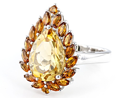 2.55ct Pear Shape Citrine With 1.14ctw Mixed Shape Madeira Citrine Rhodium Over Sterling Silver Ring - Size 7