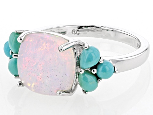 10mm Cushion Ethiopian Opal With Kingman Turquoise Rhodium Over Sterling Silver Ring - Size 7