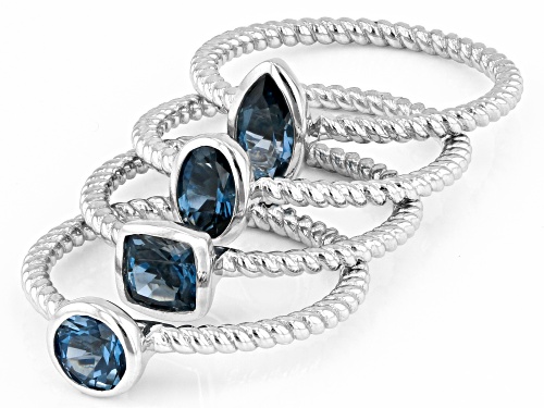 1.96ctw Mixed Shape London Blue Topaz Rhodium Over Sterling Silver Ring Set of 4 - Size 8