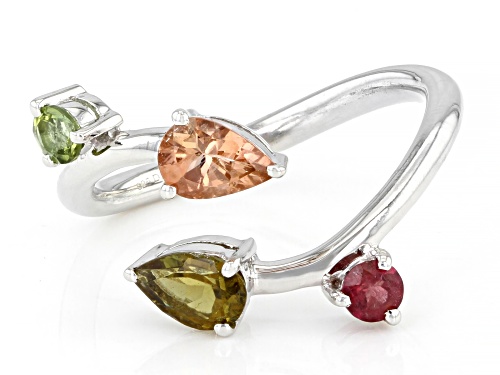 .90ctw Mixed Shape Multi-Tourmaline Rhodium Over Sterling Silver Bypass Ring - Size 7