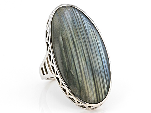 35x18mm Oval Cabochon Labradorite Rhodium Over Sterling Silver Ring - Size 6