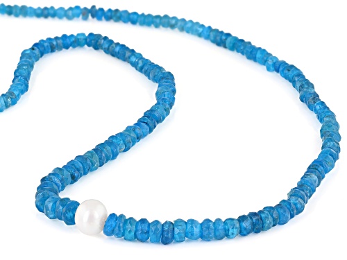Rondelle Neon Apatite with Cultured Freshwater Pearl Rhodium Over Silver Necklace - Size 18
