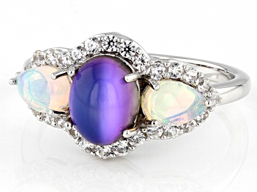 8x6mm Violet Aurora Moonstone With Ethiopian Opal & 0.77ctw White Zircon Rhodium Over Silver Ring - Size 7