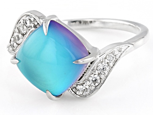 Square Cushion Blue Aurora Moonstone with 0.24ctw White Zircon Rhodium Over Sterling Silver Ring - Size 8